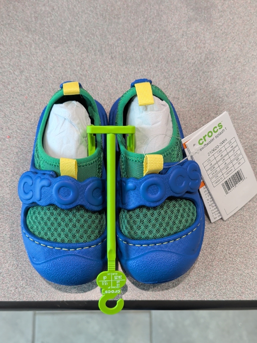 CROCS Kids Blue & Green Slip-On Water Shoes with Yellow Pull Tabs